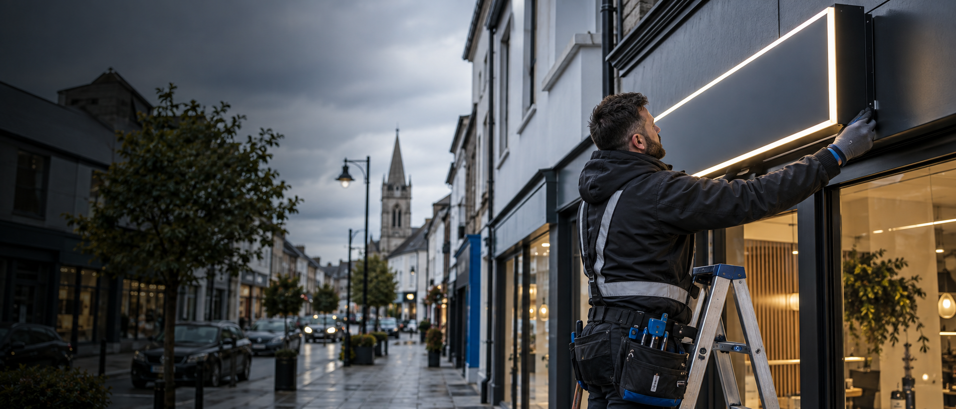 A professional installer fitting an illuminated shop sign